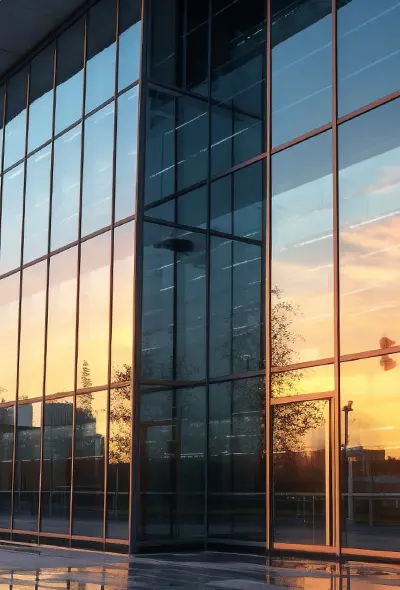 Glass building facade reflecting a colorful sunset sky, with trees and city skyline in the background.